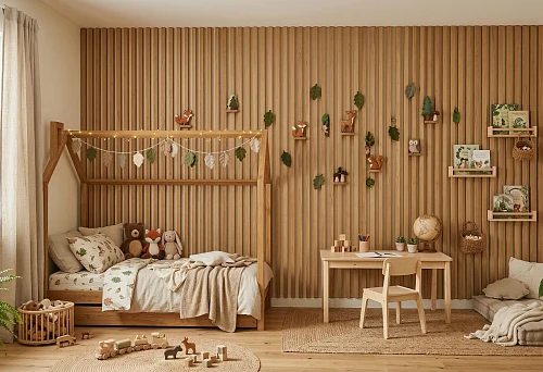 Slat panels in a children's interior with a wooden bed, toys, and a warm natural palette