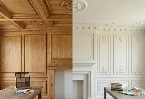 Comparison of finishes: wooden panels and moldings on the left, polyurethane stucco and trims on the right, choosing decor