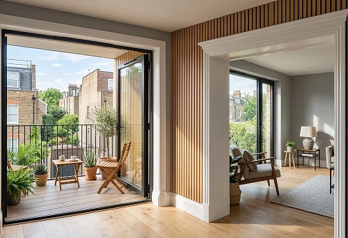 Slat panels for balconies and polyurethane facade decor in the transition zone between the room and the open terrace