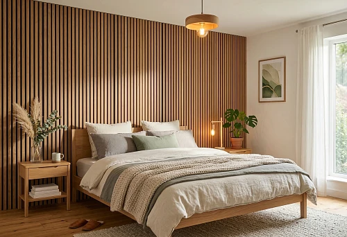 Slat panels in the bedroom interior behind the bed headboard in a warm modern space