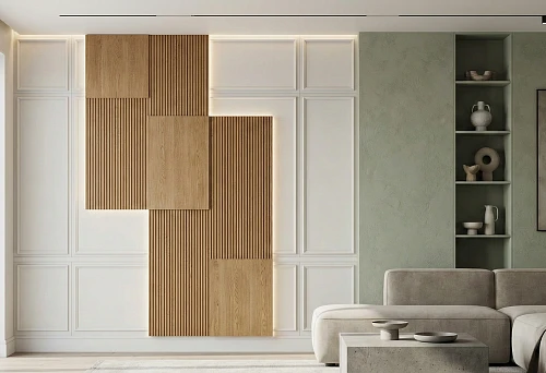 Accent wall with white panels, wooden slats, and overlay modules in a modern interior