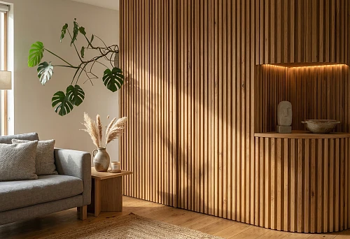 Wooden slatted wall panel in a living room interior with a soft sofa and warm natural light