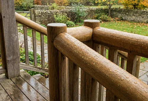 Round wooden railings for a dacha on the veranda after rain: water droplets on the surface, natural wood texture, garden in the background.