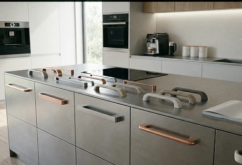 modern kitchen with a set of various furniture handles arranged on an island