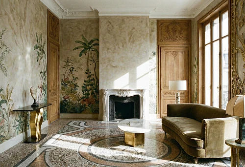 Living Room Interior with Artistic Wall Murals and a Classic Fireplace