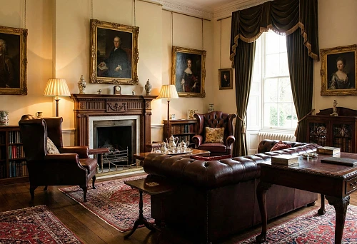 English-style furniture: Chesterfield leather sofa and armchairs by the fireplace in a classic living room