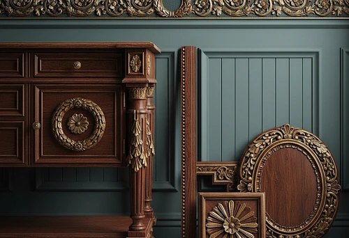 Interior with decorative borders and carved overlays for furniture and walls