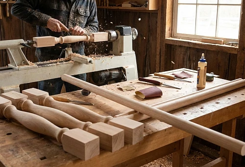 Master turning a wooden baluster on a lathe in the workshop, workpiece secured between centers