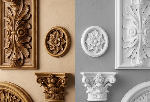 Comparison of Wood and Polyurethane Ornaments on Contrasting Walls