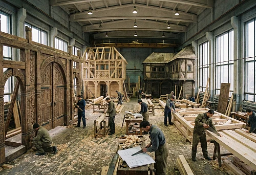 workshop for manufacturing wooden movie set decorations with workers
