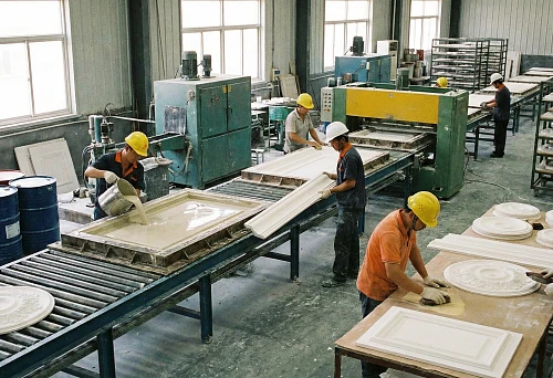 Production of polyurethane stucco: pouring the compound into a mold on a conveyor and manufacturing a long cornice profile
