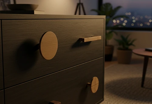 Modern solid oak and beech furniture handles on a dark chest of drawers in a cozy evening interior with soft lighting
