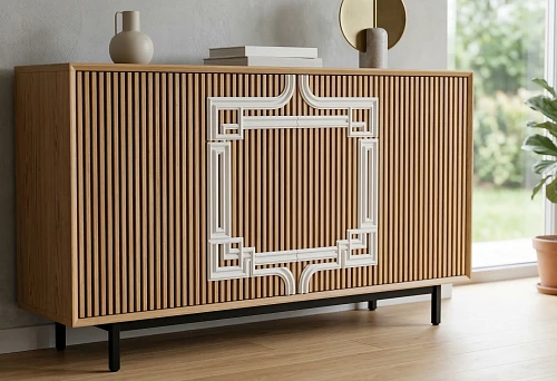 Chest of drawers with slatted furniture panels and white polyurethane decor on the facade in a modern interior