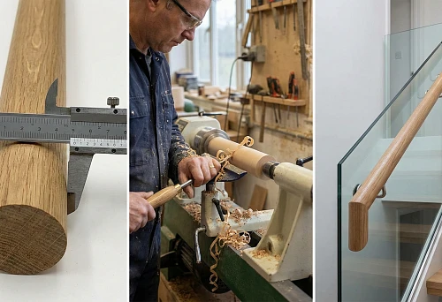 Production of 50 mm handrail: the master turns a round wooden handrail on a lathe, shavings and tool