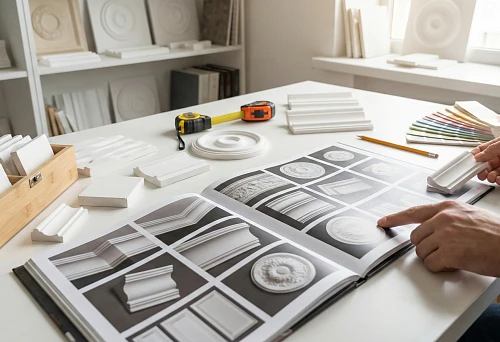 Samples of polyurethane moldings on the table: selecting a profile from the catalog and comparing samples