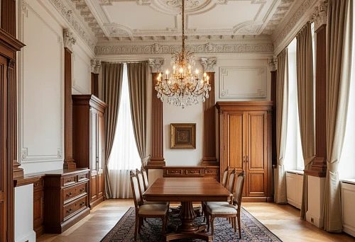 Classical Furniture with Vertical Fronts and Carved Decor in an Interior with Columns and Pilasters &mdash; Harmony of the Case, Capitals, and Architectural Molding in a Formal Dining Room