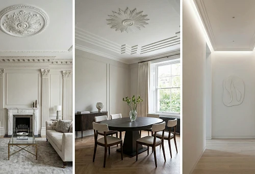 Classic interior with polyurethane stucco: ceiling rosette and rich cornice, symmetry and formal composition