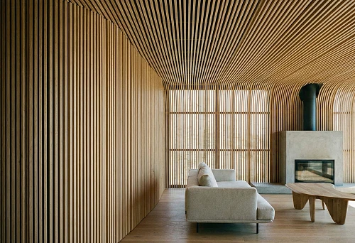 Interior with Wooden Battens on Walls and Ceiling
