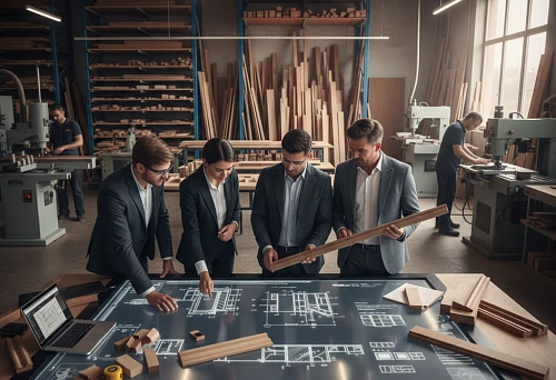 A team of designers and engineers discusses the calculation of running footage and linear decor at an interactive table in a carpentry workshop.