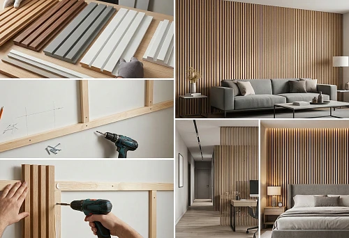 samples of slatted panels in different colors and materials for walls