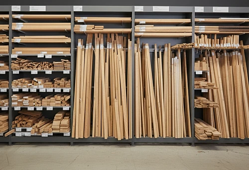 Rack with wooden moldings: rails, bars, and profiles, sorted by size and type for calculation and purchase by linear meters