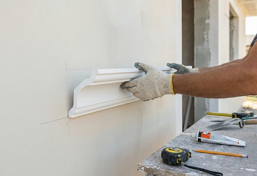 Polyurethane facade stucco &mdash; installation of facade molding on a prepared wall, level marking, adhesive application and element pressing, tools for installing facade decor