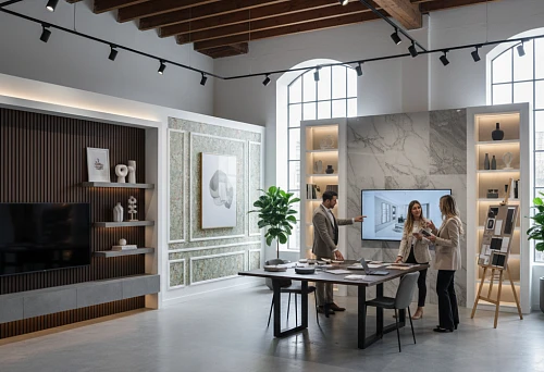 Modern showroom with interior designers discussing wall finishing and decoration at a large table