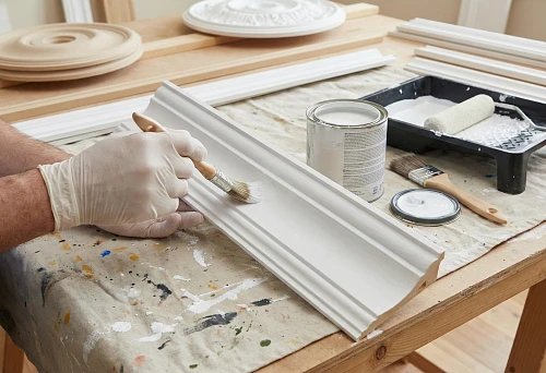 Painting a polyurethane cornice with a brush: applying white paint to a decorative profile