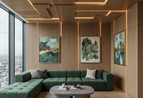 Modern Living Room Interior with Wooden Slats on Walls and Ceiling, Built-in Lighting, and a Green Modular Sofa