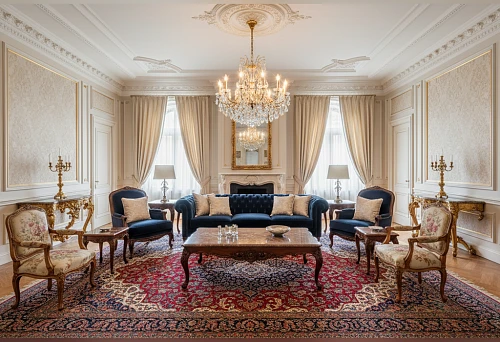Classic solid wood furniture in interior with molding and chandelier