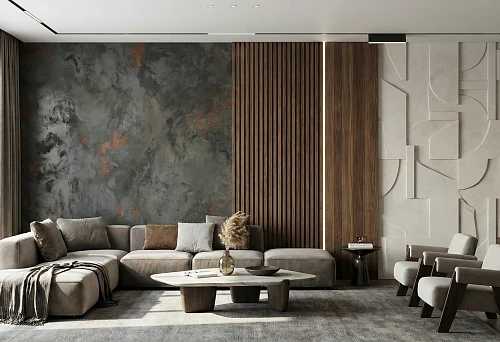Modern living room with textured concrete wall, wooden slats, and three-dimensional geometric decor