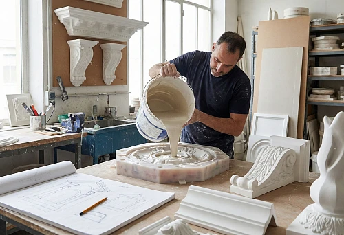 Fabrication of polyurethane stucco from sketches: master pours compound into a decorative rosette mold