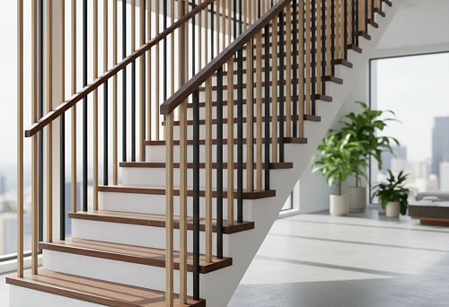 Modern staircase with straight wooden balusters and solid wood railings in a bright interior with panoramic windows