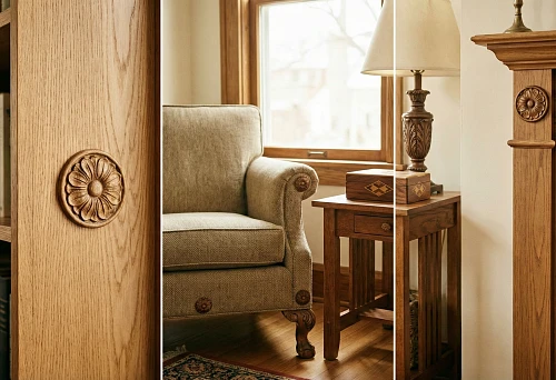 Decorative wooden rosettes: carved rosette on a bookshelf panel close-up