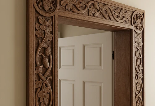 Oak architrave with artistic carving in St. Petersburg interior
