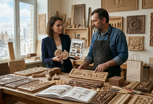 Customer and craftsman selecting carved wooden decor for interior and furniture in a workshop in Moscow