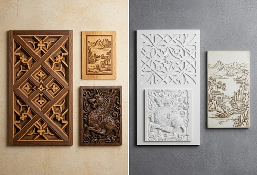 Carved Panels and Wood and Polyurethane Bas-Reliefs in Artistic Design