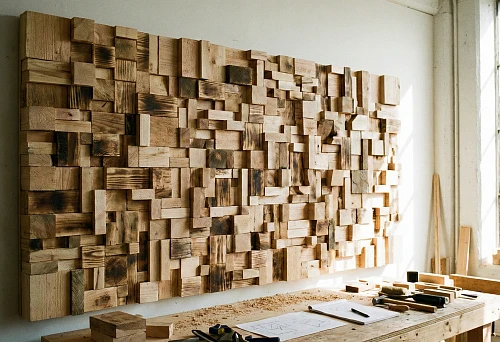 decorative panel made of blocks of different sizes on the wall