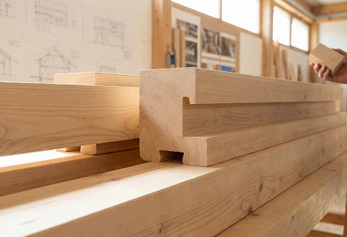 Wooden Profile Purchase: Profiled Beam Close-up, Precise Cross-section and Clean Geometry, Stack of Blanks in Workshop