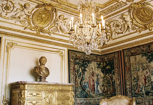 Ceiling with molding and a gilded rosette, chandelier and classic furniture in a palace interior