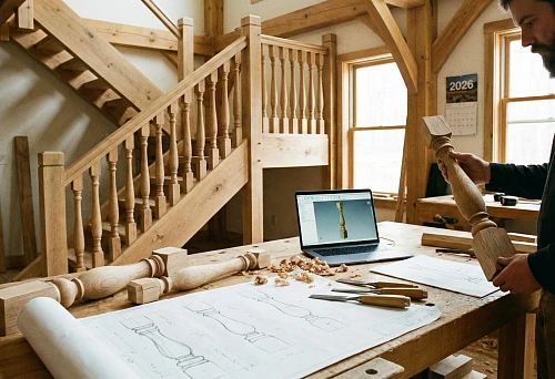 Workshop with wooden baluster design process &mdash; drawings and 3D model