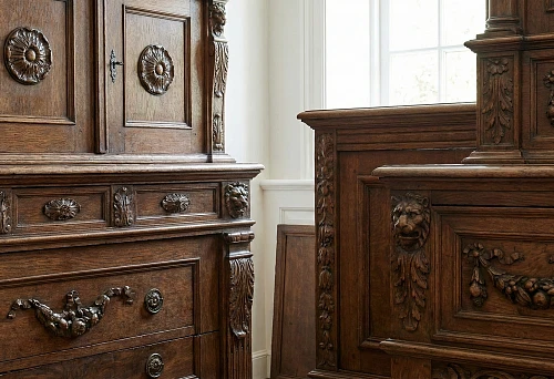 Wooden furniture decorations on facades: carved overlays, rosettes, and ornamental panels on a classic dresser
