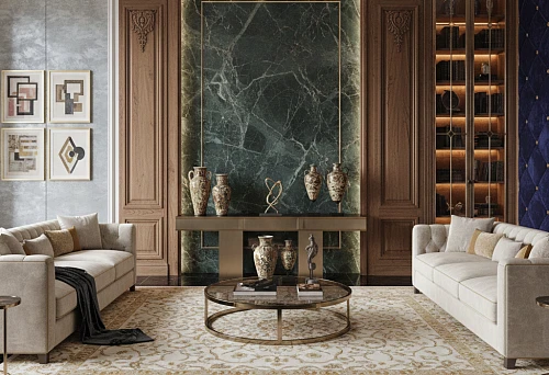 Status living room: wooden wall panels, large stone insert, and symmetrical furniture composition