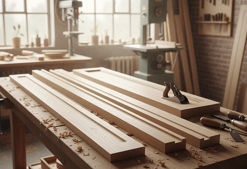 Wooden door trim on a workbench in a workshop with tools