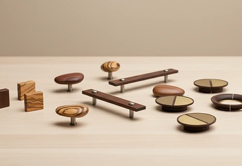 Collection of wooden furniture handles in various shapes and sizes on a light background