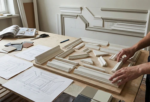 A Craftsman Arranges Samples of Decorative Molding and Moldings According to Sketches, Forming a Unique Wall Design Style.
