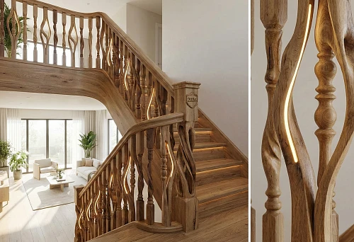 2026 Interior with Curved Wooden Balusters and Step Lighting