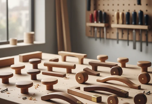 Wooden furniture handles of various shapes on a workbench in a workshop, made from natural wood with a smooth tactile surface.