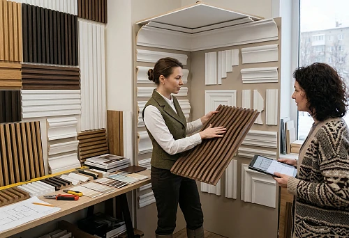 Buy slatted panels in Kirov and polyurethane stucco molding in a showroom with material selection tailored to the interior task