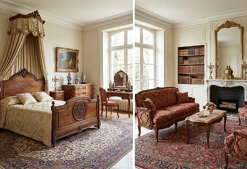 Classic bedroom: solid wood canopy bed, nightstands, rug and light interior